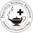Pin design for Germannas Practical Nursing Certificate: a lamp emitting smomke with a cross above it